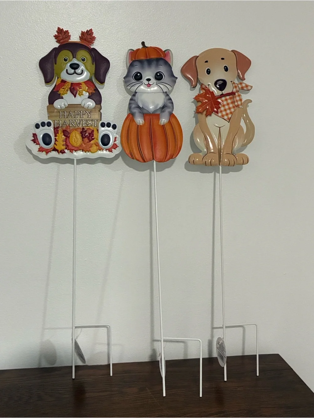 NWT- Set of 3- Adorable Fall Harvest Theme- Dog & Cat Metal Yard Stakes